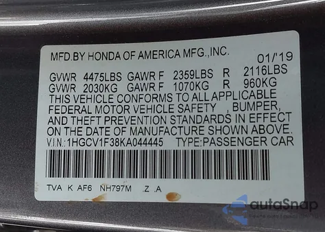 2019 Honda Accord Sport 1.5T from USA, damaged, VIN 1HGCV1F38KA044445